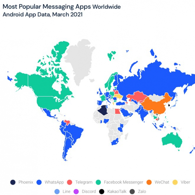 Najpopulárnejšie komunikačné aplikácie v jednotlivých krajinách. Zdroj: infogram.com