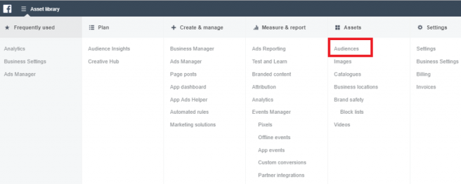 Nástroje v Ads manager, hlavné menu. Zdroj: Ads Manager