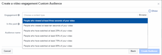 Publikum vytvorené podľa interakcie s videami. Zdroj: Ads Manager