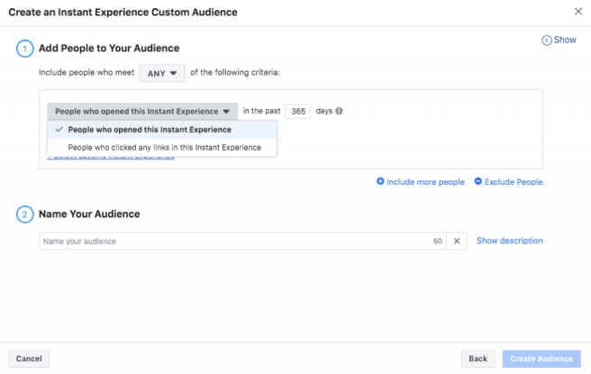 Publikum vytvorené podľa interakcie s Instant Experience. Zdroj: Ads Manager