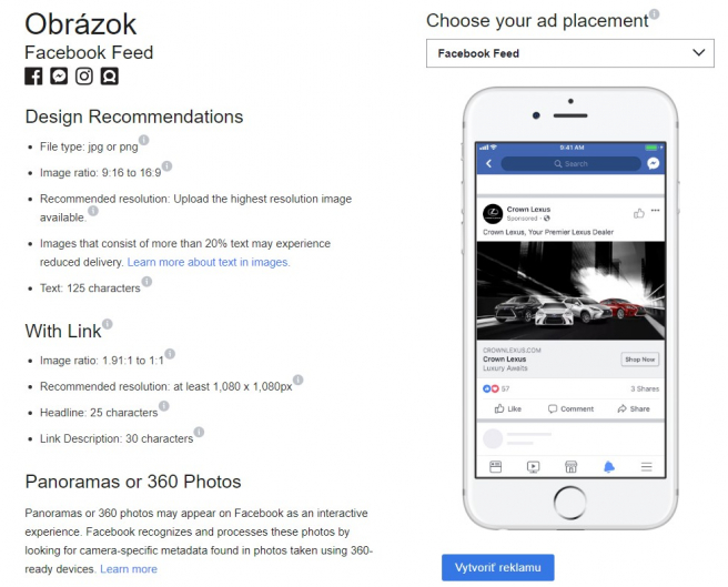 Odporúčanie na veľkosť obrázkov reklamy. Zdroj: Facebook