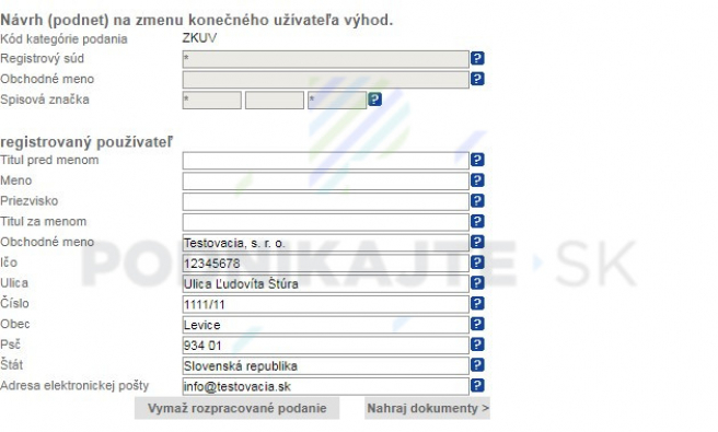 Podanie elektronického formulára na zápis konečného užívateľa výhod.