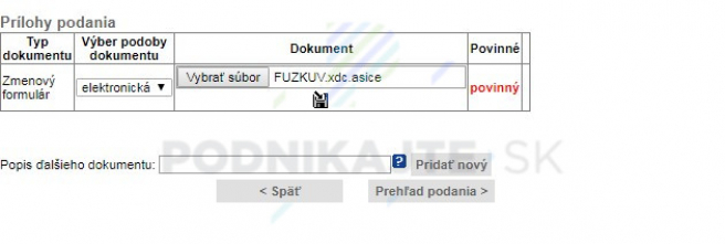 Podanie elektronického formulára na zápis konečného užívateľa výhod.