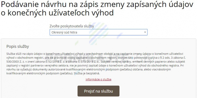 Podanie elektronického formulára na zápis konečného užívateľa výhod.