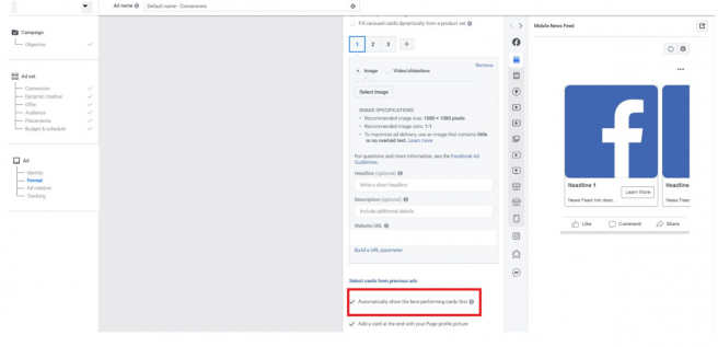 Vytváranie reklamy carouselu. Zdroj: Facebook