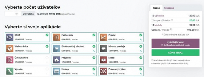 Obr. 1 - Kalkulačka na výpočet ceny za ERP Odoo, 10 modulov pre 10 používateľov