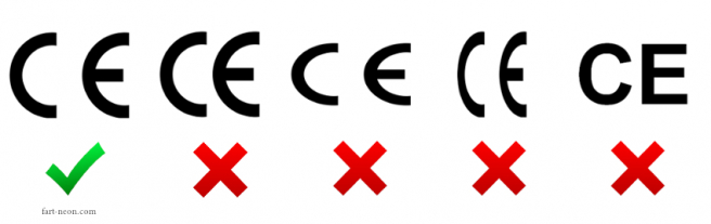 Ukážka správneho a nesprávneho označenia CE. Zdroj: www.fart-neon.com