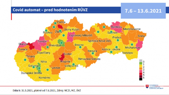 Rozdelenie okresov od 7.6.2021. Zdroj: Facebook / Ministerstvo zdravotníctva SR