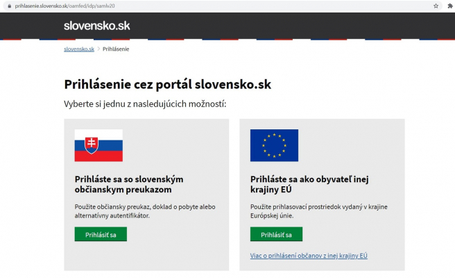 Krok č. 2: Presmeruje vás na stránku www.slovensko.sk, kde sa prihlásite. Zdroj: www.slovensko.sk