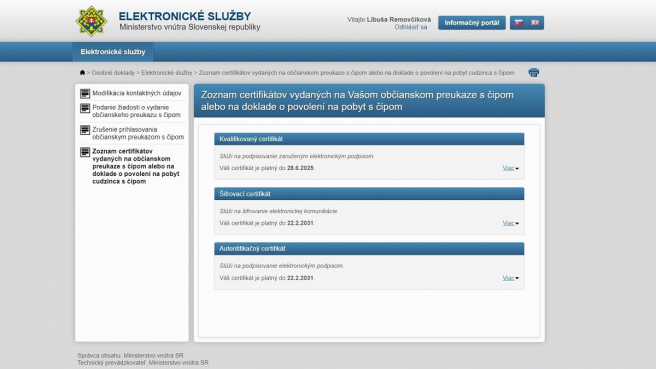 Krok č. 4: Pozriete sa, či máte platné certifikáty a dokedy. Zdroj: Ministerstvo vnútra SR / minv.sk