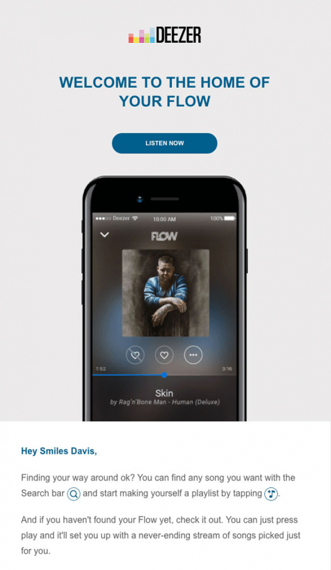 Aj služba Deezer používa pri uvítacích e-mailoch jediné tlačidlo. Zdroj: reallygoodemails.com