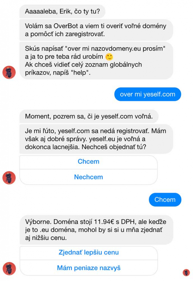 Facebook Messenger ponúka možnosti v podobe tlačidiel. Zdroj: Messenger