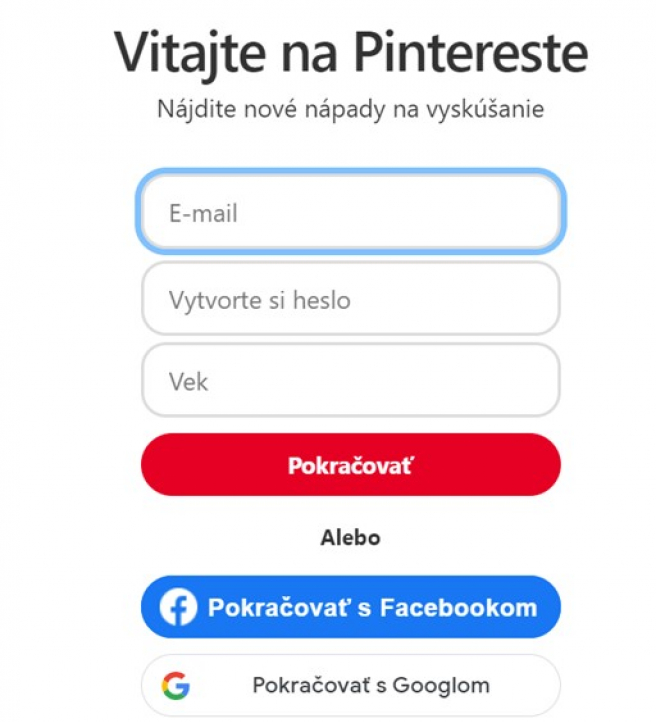 Prihlásenie cez sociálne siete používa aj Pinterest.