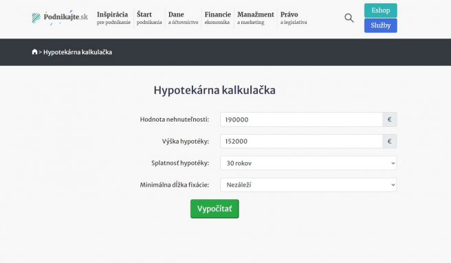 Ukážka hypotekárnej kalkulačky. Zdroj: Podnikajte.sk