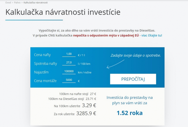 Ukážka interaktívnej kalkulačky. Zdroj: dieselgas.sk