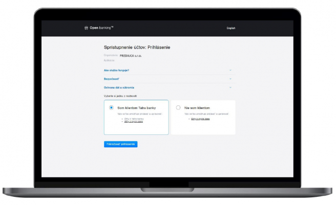 Ukážka obrazovky Sprístupnenie účtov cez Open banking vo fakturačnom systéme. Zdroj: Tatra banka