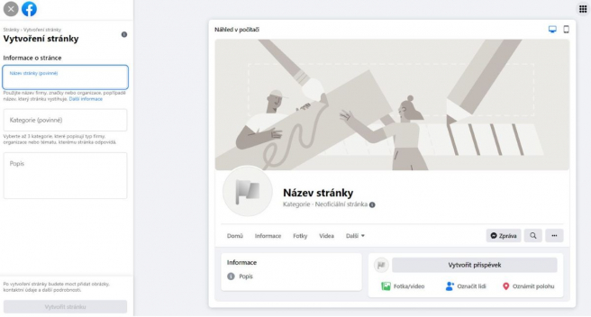 Vytvorenie stránky na Facebooku. Zdroj: Vlastné spracovanie