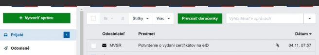 Potvrdenie o vydaní certifikátov na eID v e-schránke. Zdroj: Vlastné spracovanie