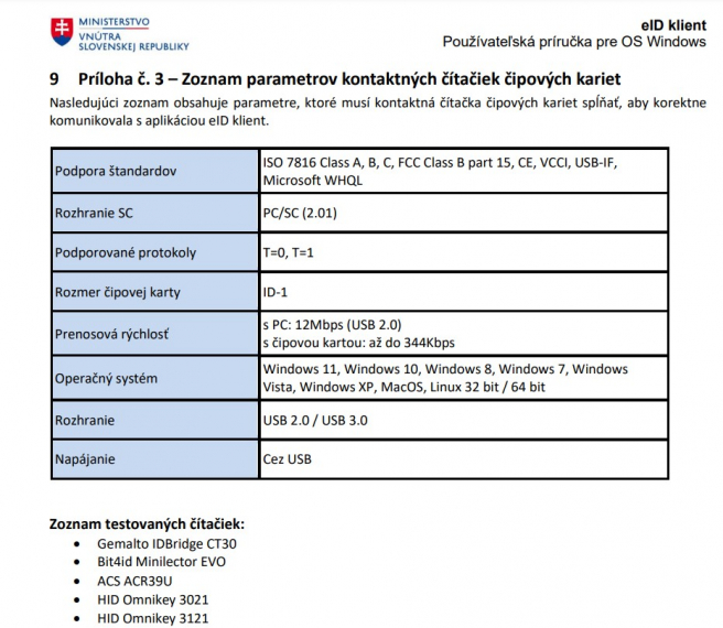 Príklad zoznamu parametrov kontaktných čítačiek čipových kariet. Zdroj: eidas.minv.sk