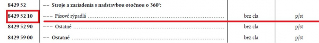 Ukážka colného zaradenia pásového rýpadla v Colnom sadzobníku. Zdroj: Vlastné spracovanie, Colný sadzobník (Finančná správa SR)