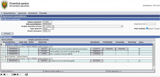 Ukážka opatrení vzťahujúcich sa dovoz pásového rýpadla z Taric. Zdroj: Vlastné spracovanie, Taric (Finančná správa SR)
