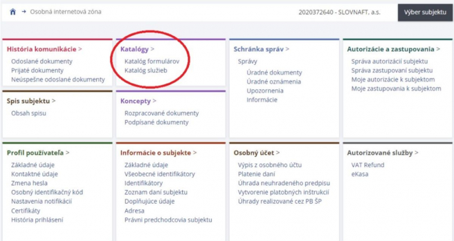 Osobná internetová zóna/Katalógy. Zdroj: Finančná správa SR