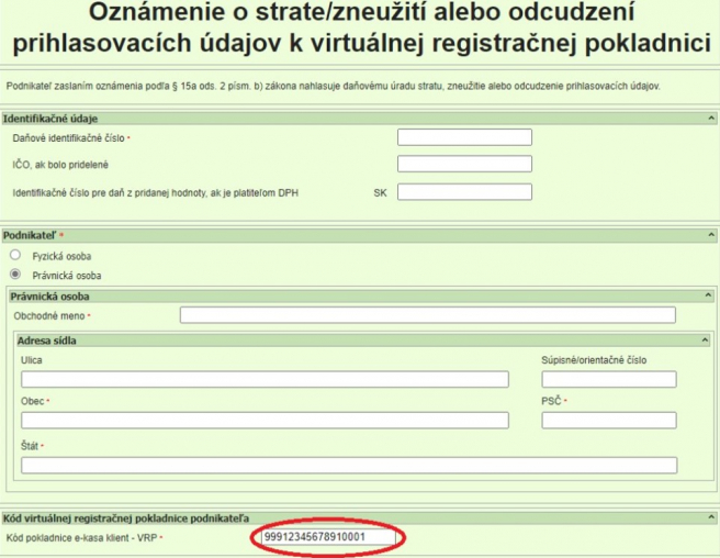 Formulár „Oznámenie o strate/zneužití alebo odcudzení prihlasovacích údajov k virtuálnej registračnej pokladnici“. Zdroj: Finančná správa SR