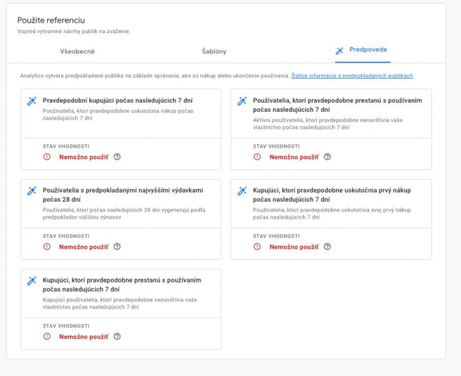 Nastavenie prediktívnych publík. Zdroj: Redakcia Podnikajte.sk